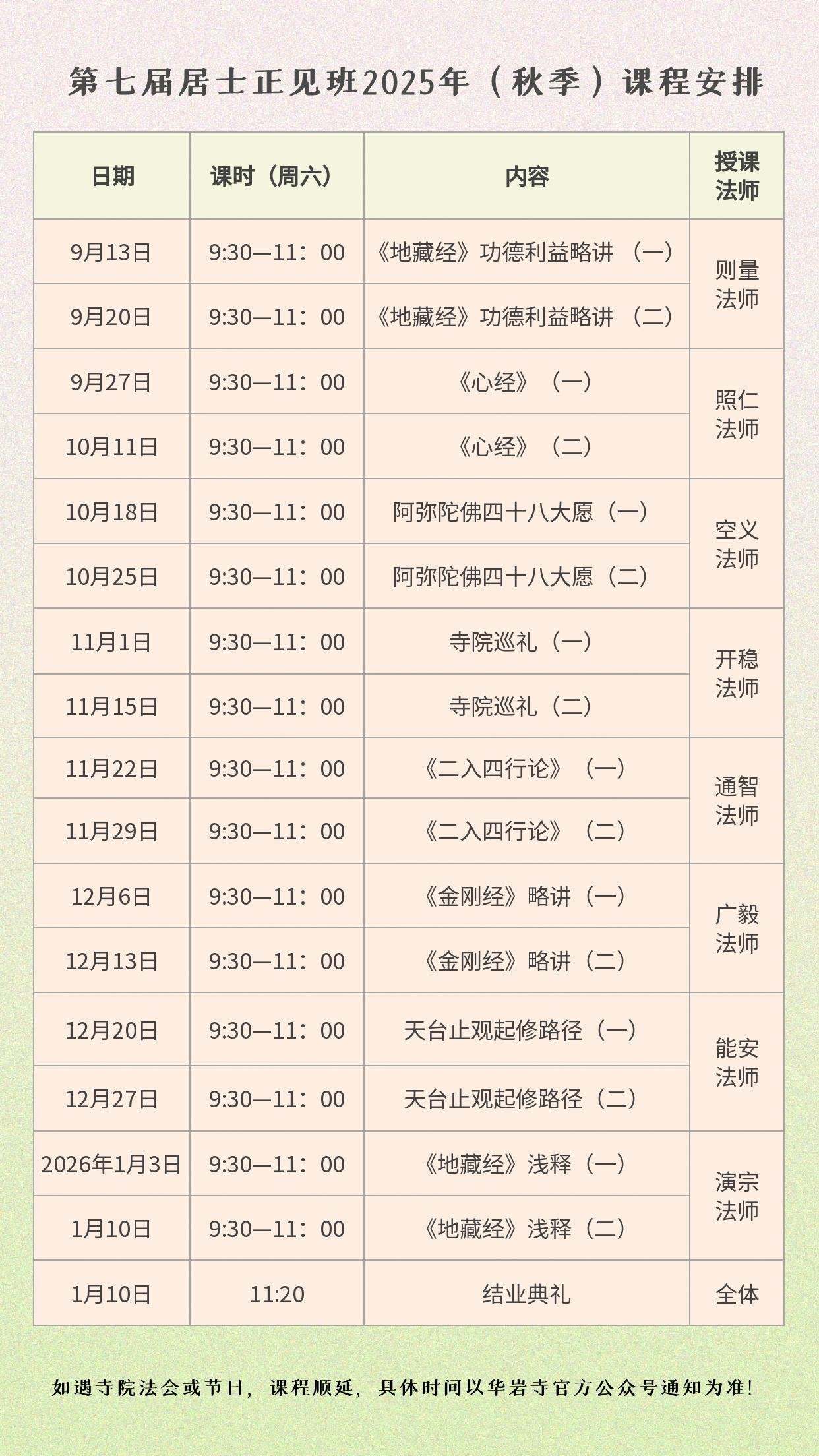 第七届居士/义工正见班下学期课程安排及开学时间（9月13日）